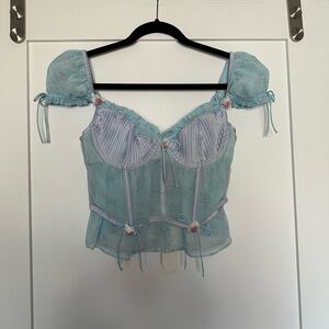 For Lover & Lemons Light Blue Sheer Puff Sleeve Top